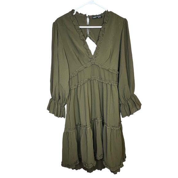 SHEIN Casual Vcay Frill Trim Flare Sleeve Ruffle Hem Dress Army Green Large Boho - Picture 2 of 15